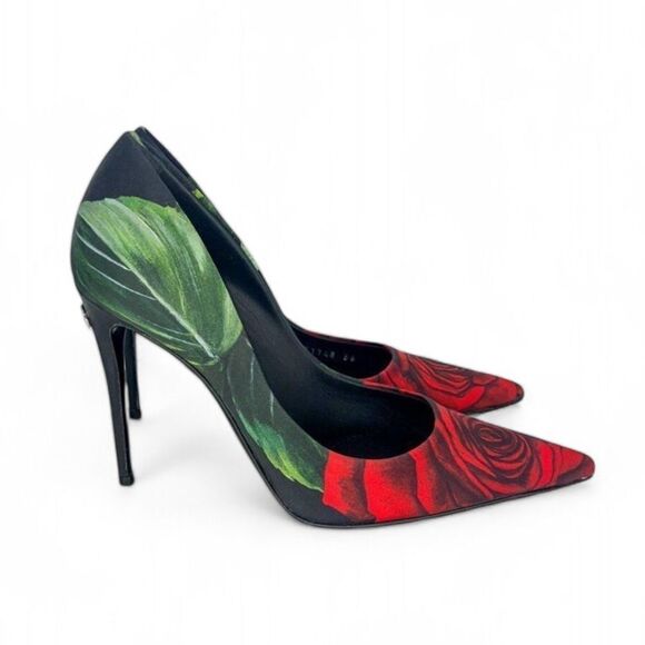 NWT DOLCE & GABBANA Black Satin Rose Print Pointed Toe Stiletto Pumps Si… - Picture 6 of 16
